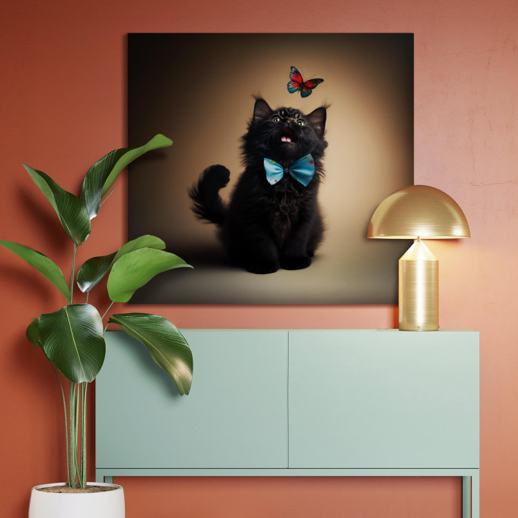 Canvas Print AI Cat - Animal in a Bow Tie Watching a Colorful Butterfly - Square 150124 additionalImage 11