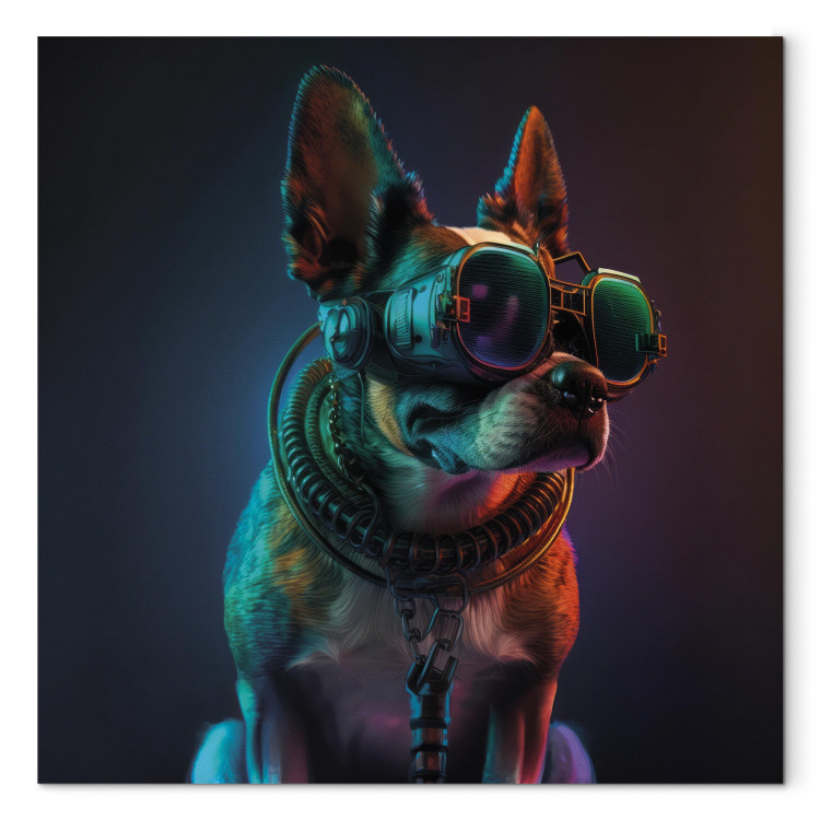 Canvas Print AI Boston Terrier Dog - Green Cyber Animal Wearing Cyberpunk Glasses - Square 150224