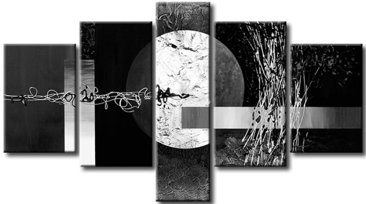 Canvas Full Moon (5-piece) - Black-and-white abstraction with a large white circle 47724