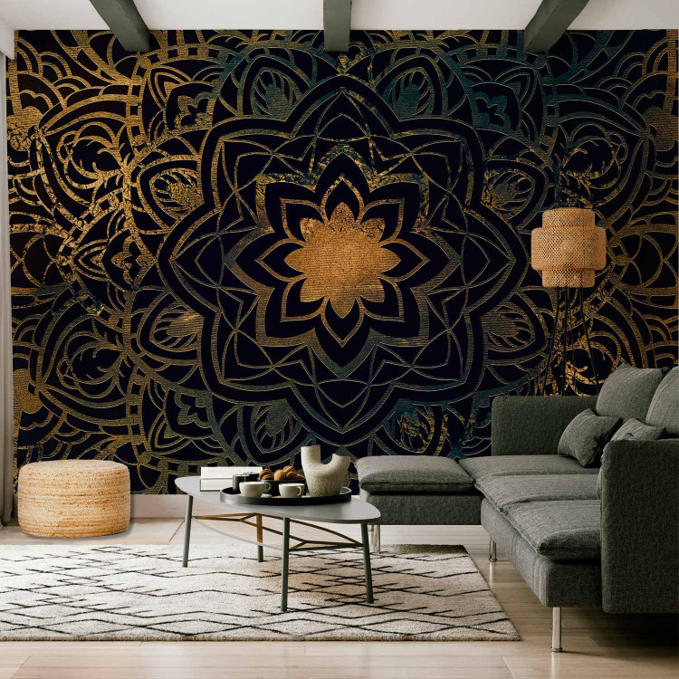 Photo Wallpaper Symmetrical pattern - black and gold flower motif in oriental style 90424