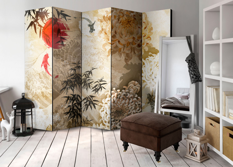 Folding Screen Fish Dance II - beige texture with oriental motif of fish and flowers 98224 additionalImage 4