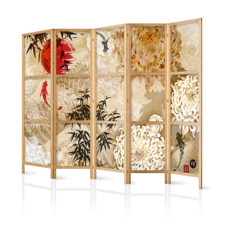 Folding Screen Fish Dance II - beige texture with oriental motif of fish and flowers 98224 additionalImage 5