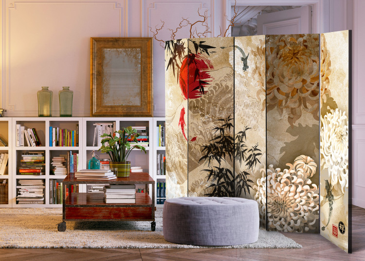 Folding Screen Fish Dance II - beige texture with oriental motif of fish and flowers 98224 additionalImage 2