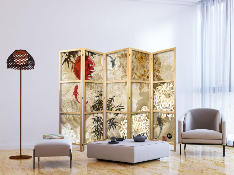 Folding Screen Fish Dance II - beige texture with oriental motif of fish and flowers 98224 additionalImage 6