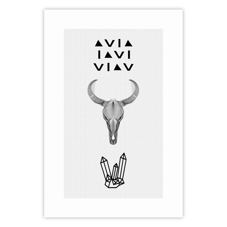 Wall Poster Animal Skull - black and white composition with texts and crystals 117334
