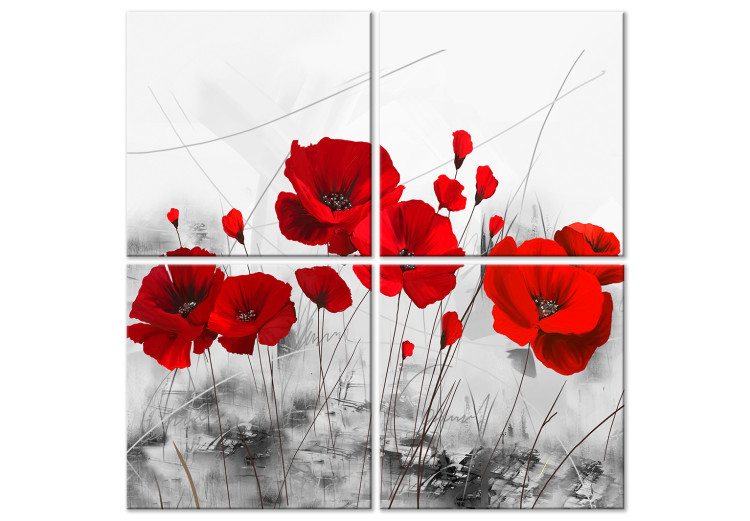 Canvas Print Red Poppies in Meadow (4-part) - Flowers on Gray Natural Background 118434