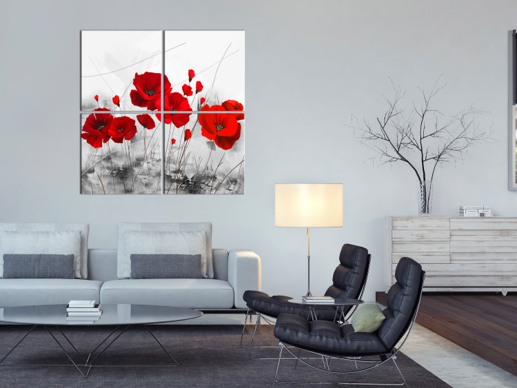 Canvas Print Red Poppies in Meadow (4-part) - Flowers on Gray Natural Background 118434 additionalImage 3