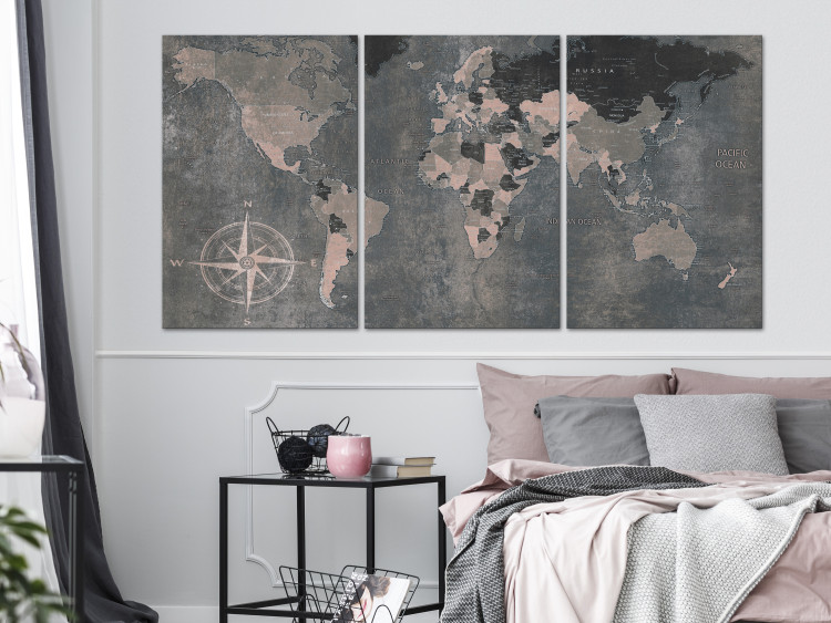 Canvas Art Print Vintage World Map (3 Parts) Grey 118934 additionalImage 3