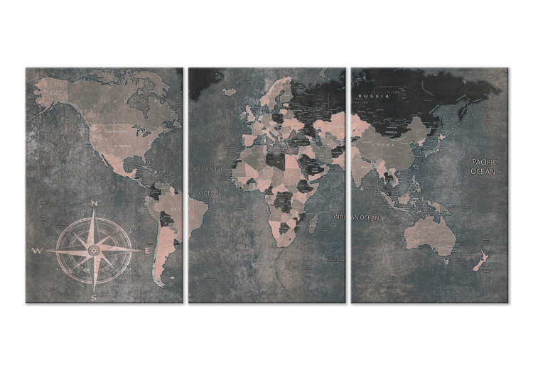 Canvas Art Print Vintage World Map (3 Parts) Grey 118934