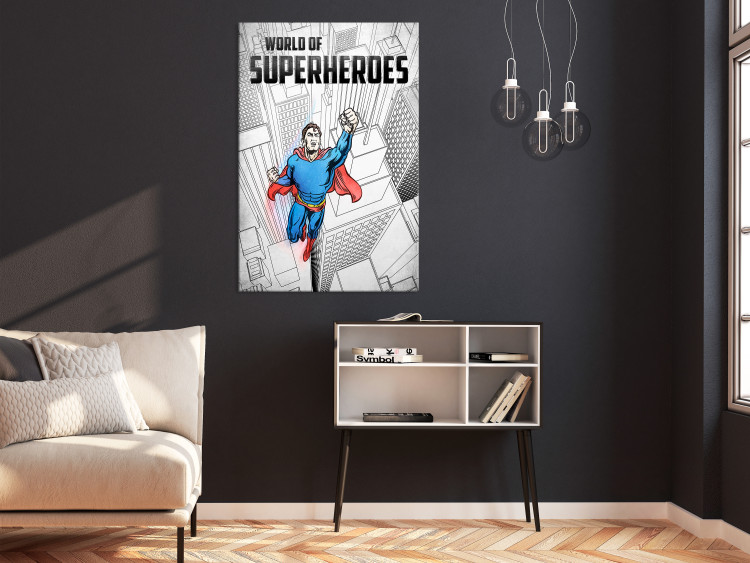 Canvas Art Print Superhero with skyscrapers - graphic inspired by Superman comic books 123634 additionalImage 3