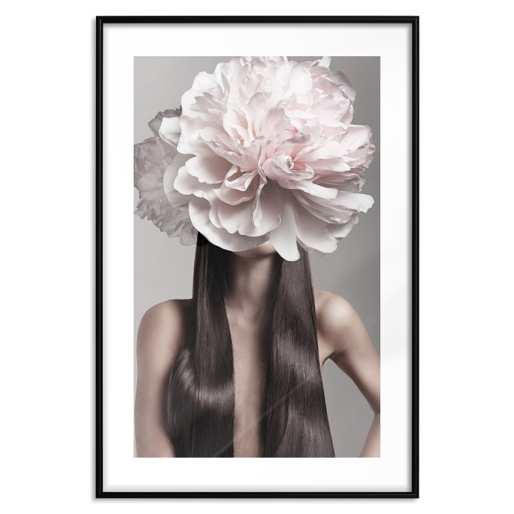 Wall Poster Floral Head - fanciful portrait of a woman with a flower on a gray background 127234 additionalImage 17