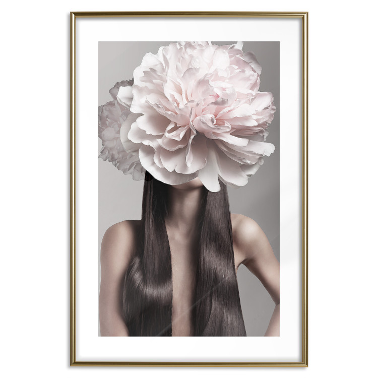 Wall Poster Floral Head - fanciful portrait of a woman with a flower on a gray background 127234 additionalImage 14