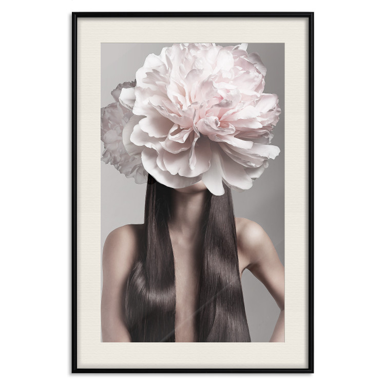 Wall Poster Floral Head - fanciful portrait of a woman with a flower on a gray background 127234 additionalImage 19
