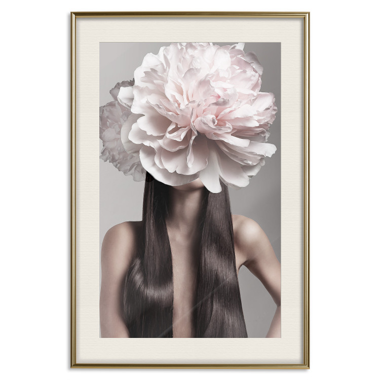 Wall Poster Floral Head - fanciful portrait of a woman with a flower on a gray background 127234 additionalImage 20