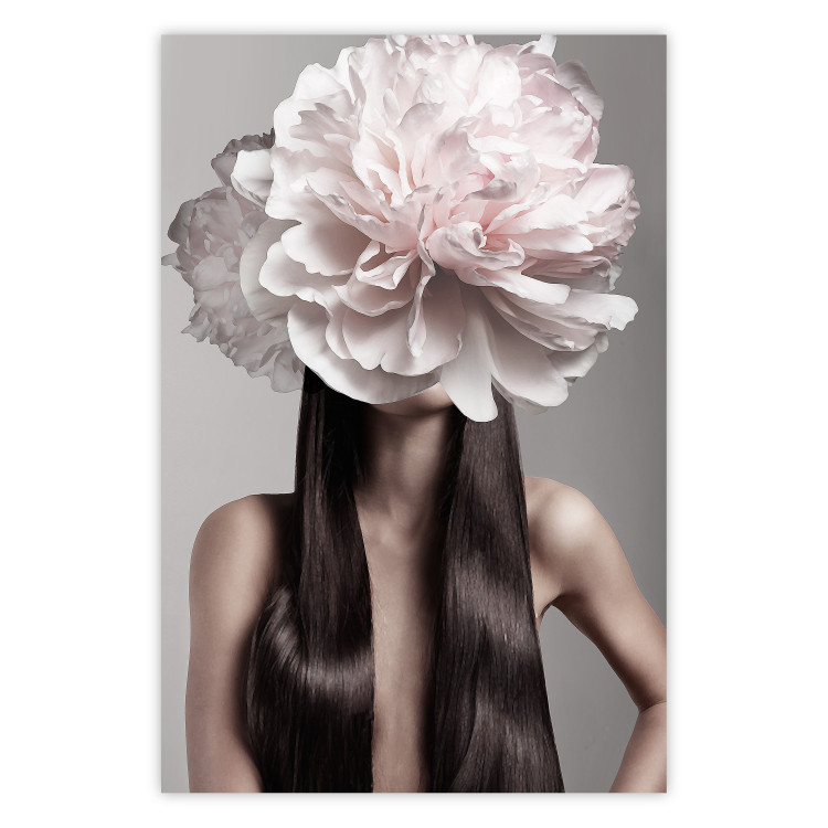 Wall Poster Floral Head - fanciful portrait of a woman with a flower on a gray background 127234