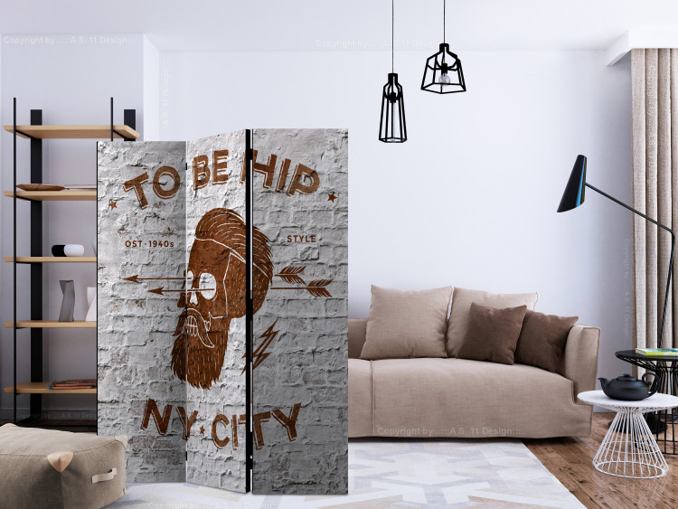 Room Divider Screen TO BE HIP (3-piece) - figure and brown letters on a white brick background 133234 additionalImage 4