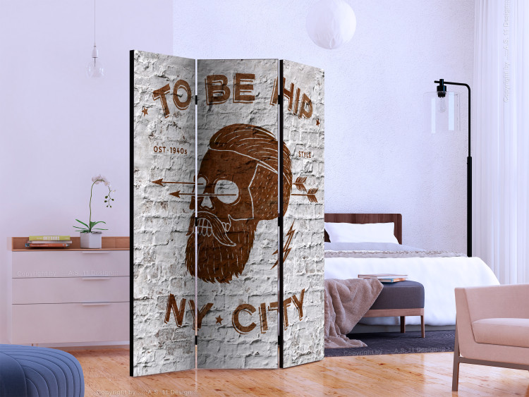 Room Divider Screen TO BE HIP (3-piece) - figure and brown letters on a white brick background 133234 additionalImage 2