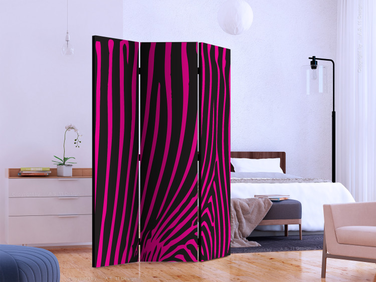Folding Screen Zebra Pattern (Purple) (3-piece) - pink stripes on a black background 133434 additionalImage 2