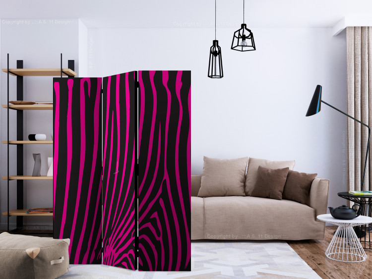 Folding Screen Zebra Pattern (Purple) (3-piece) - pink stripes on a black background 133434 additionalImage 4