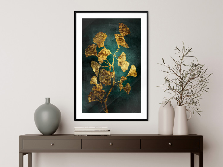 Poster Radiant Glow - abstract golden plant on green texture 135034 additionalImage 18
