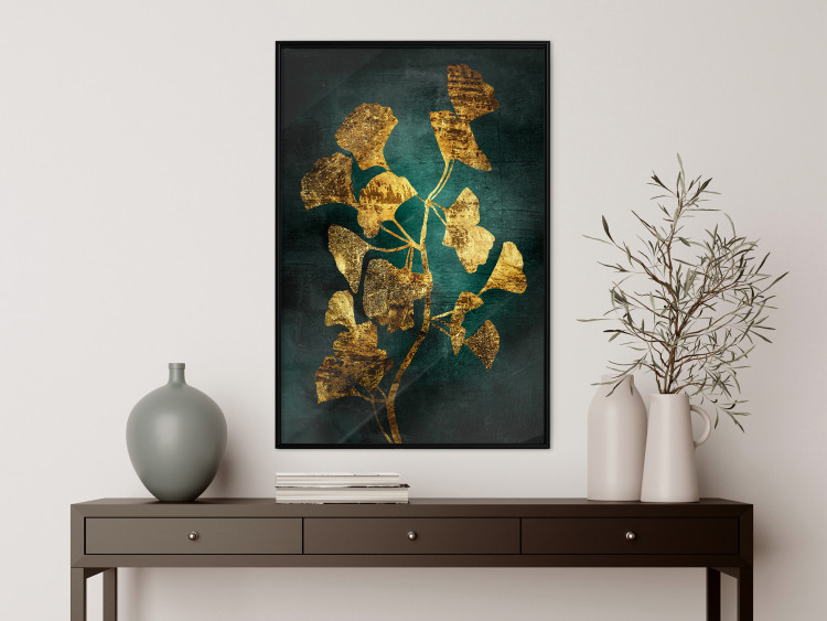 Poster Radiant Glow - abstract golden plant on green texture 135034 additionalImage 6