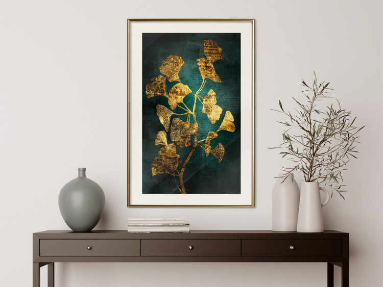 Poster Radiant Glow - abstract golden plant on green texture 135034 additionalImage 22