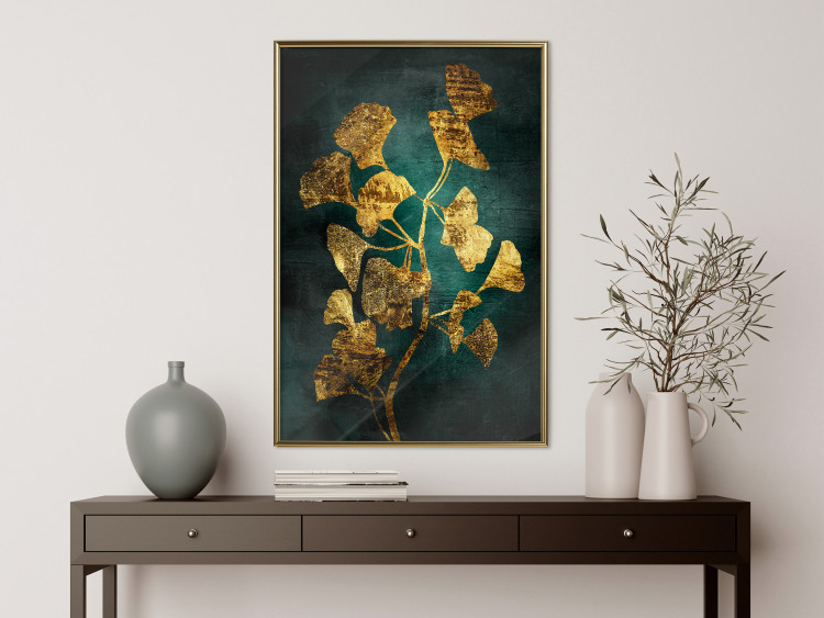 Poster Radiant Glow - abstract golden plant on green texture 135034 additionalImage 7