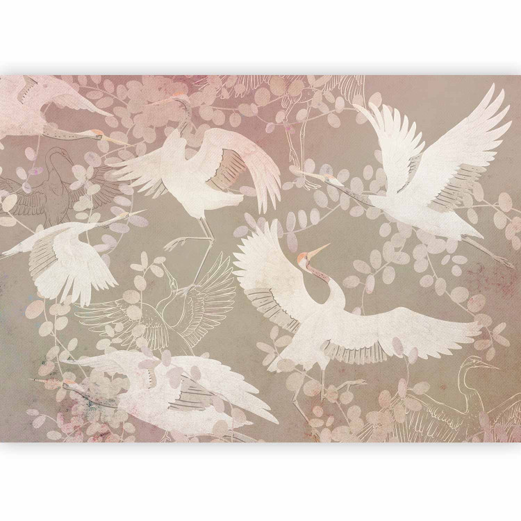 Photo Wallpaper Dancing animals - birds motif among leaves on a dark background with pink 143934 additionalImage 1