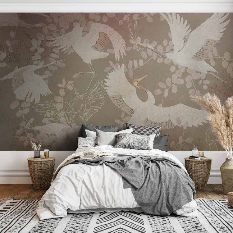Photo Wallpaper Dancing animals - birds motif among leaves on a dark background with pink 143934 additionalImage 2