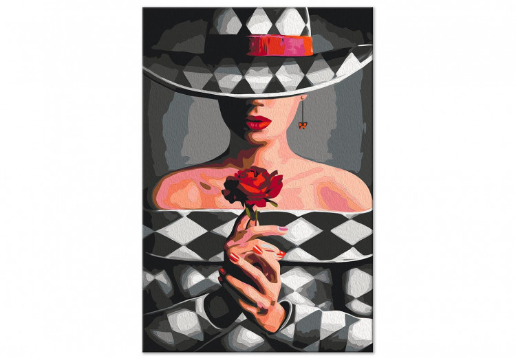 Paint by Number Kit Woman With Rose - Fashionable Character, Gray Background and Hat 144134 additionalImage 5