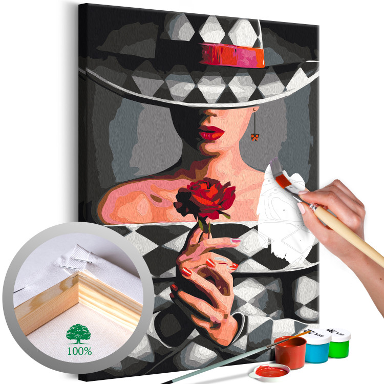 Paint by Number Kit Woman With Rose - Fashionable Character, Gray Background and Hat 144134
