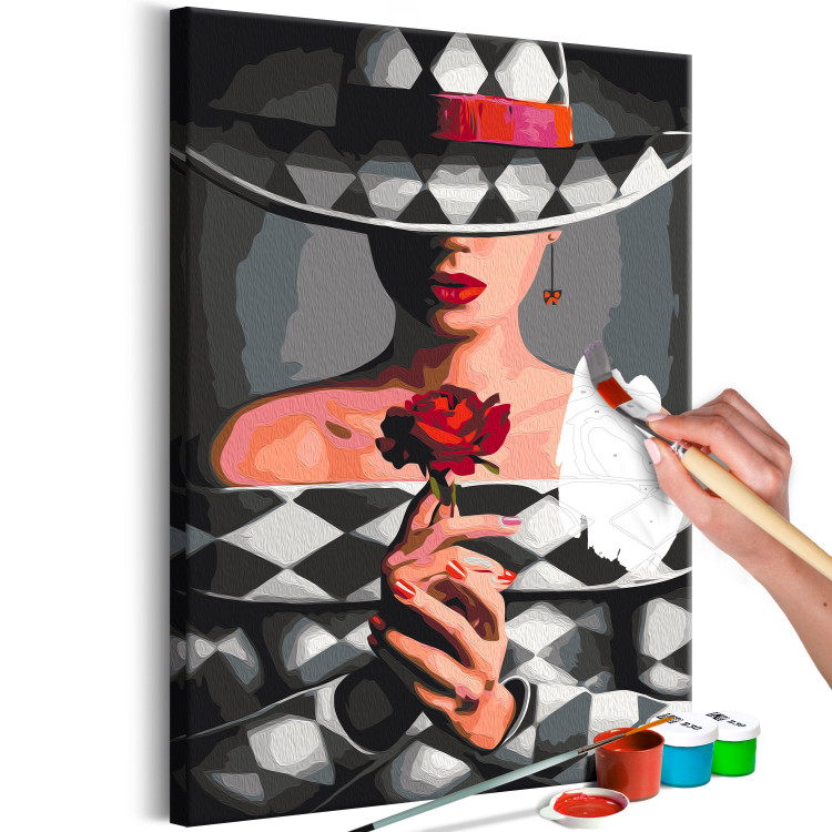 Paint by Number Kit Woman With Rose - Fashionable Character, Gray Background and Hat 144134 additionalImage 4