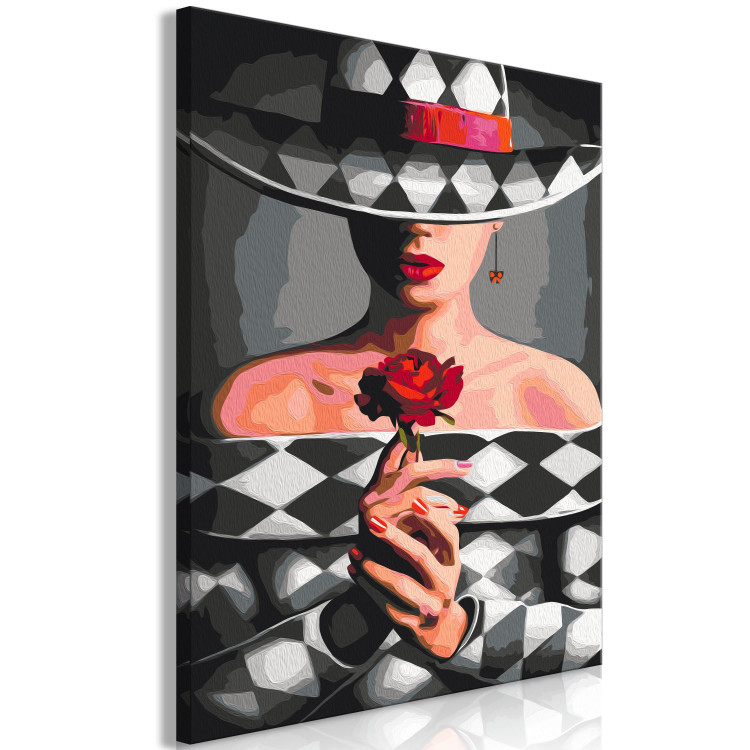 Paint by Number Kit Woman With Rose - Fashionable Character, Gray Background and Hat 144134 additionalImage 3