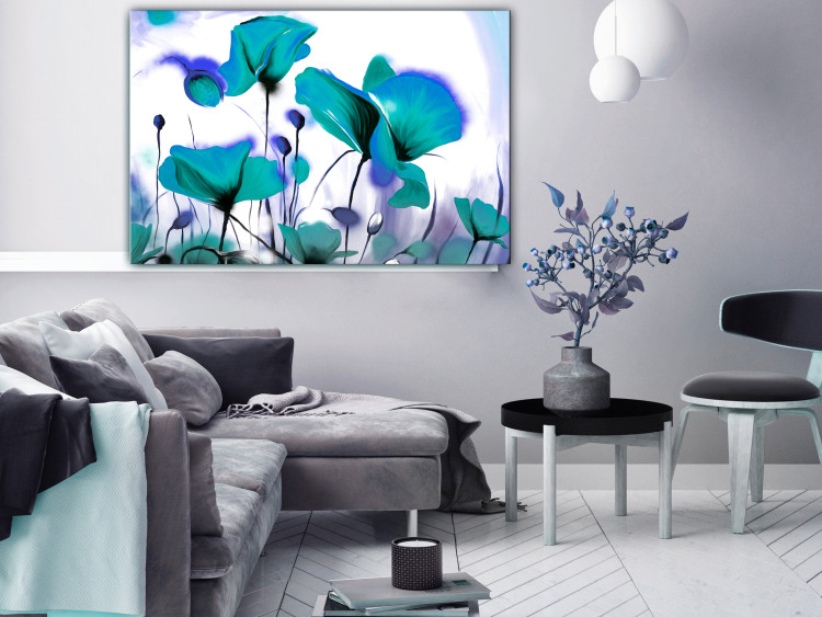 Canvas Art Print Turquoise Meadow (1-piece) wide - blue poppies on a colorful background 145134 additionalImage 3