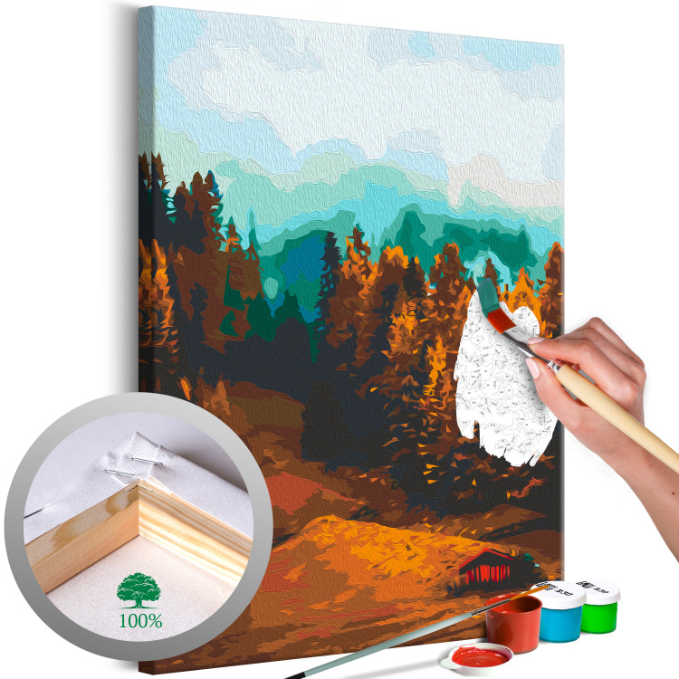 Paint by Number Kit Nostalgic Forest - Autumn Landscape with Mountains, Trees and a House 146534