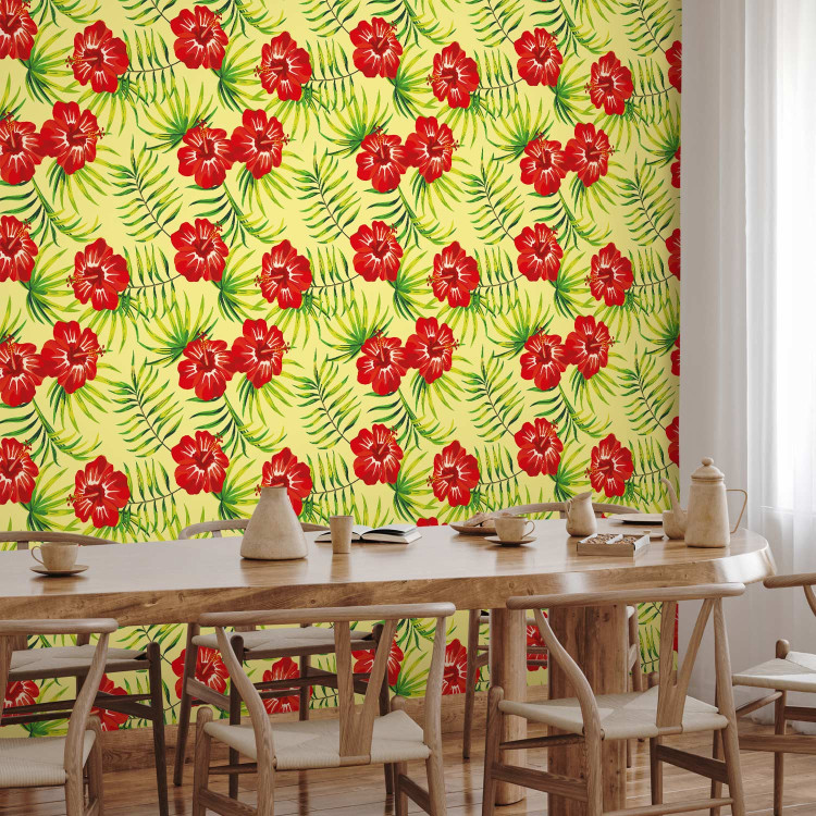 Wallpaper Fiery Hibiscus - Red Flowers and Green Leaves on a Yellow Background 150034 additionalImage 9