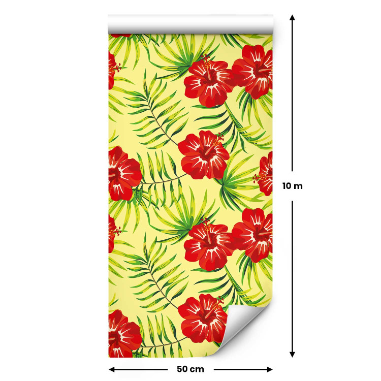 Wallpaper Fiery Hibiscus - Red Flowers and Green Leaves on a Yellow Background 150034 additionalImage 7