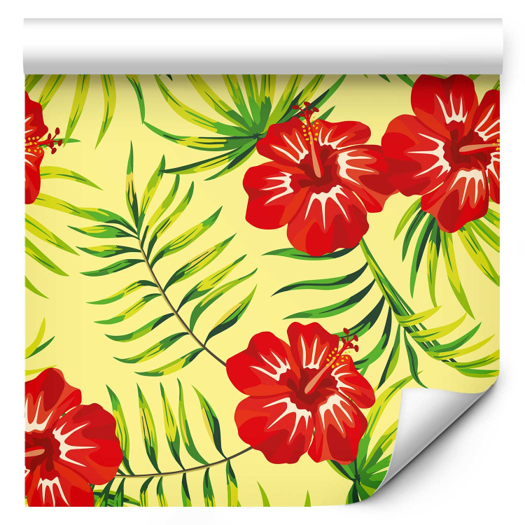 Wallpaper Fiery Hibiscus - Red Flowers and Green Leaves on a Yellow Background 150034 additionalImage 1