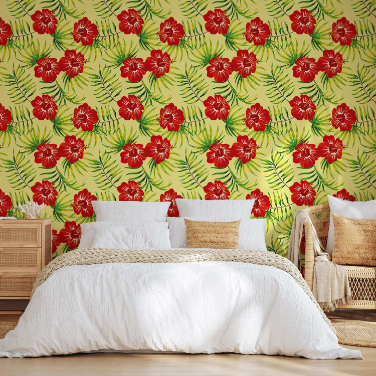Wallpaper Fiery Hibiscus - Red Flowers and Green Leaves on a Yellow Background 150034 additionalImage 4
