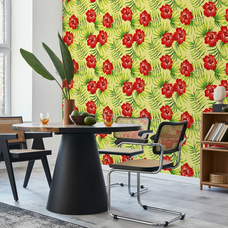 Wallpaper Fiery Hibiscus - Red Flowers and Green Leaves on a Yellow Background 150034 additionalImage 5