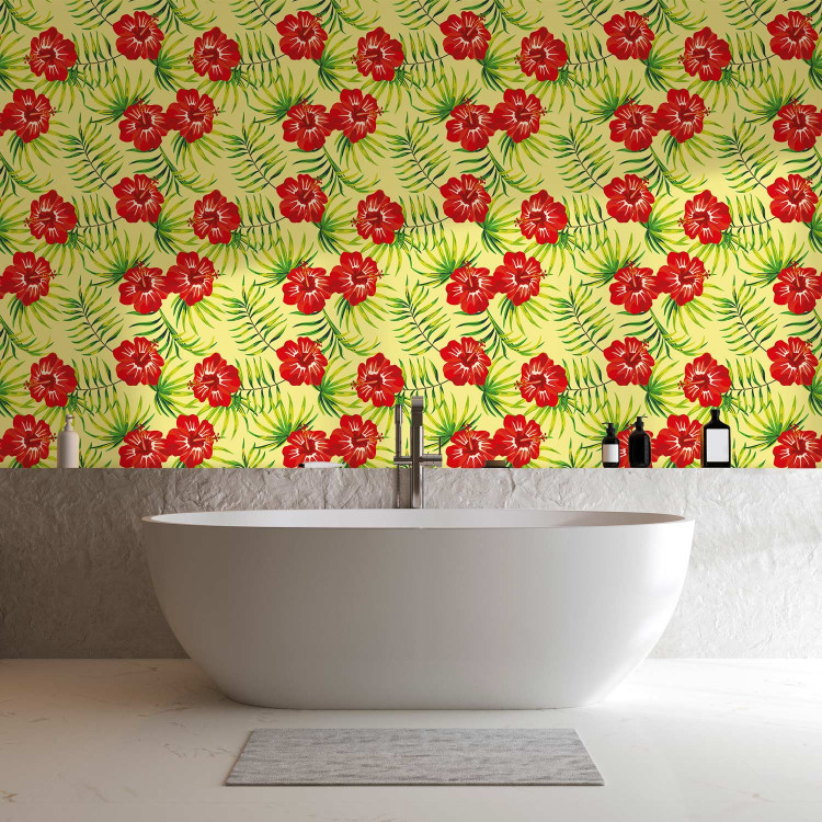 Wallpaper Fiery Hibiscus - Red Flowers and Green Leaves on a Yellow Background 150034 additionalImage 10