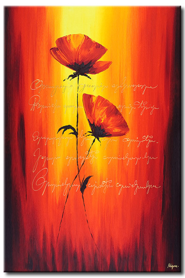 Canvas Print Red Flowers (1-piece) - abstraction with poppies and white text 46634
