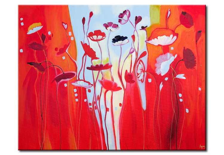 Canvas Print Sunny poppies - floral, floral motif on a red and blue background 47134