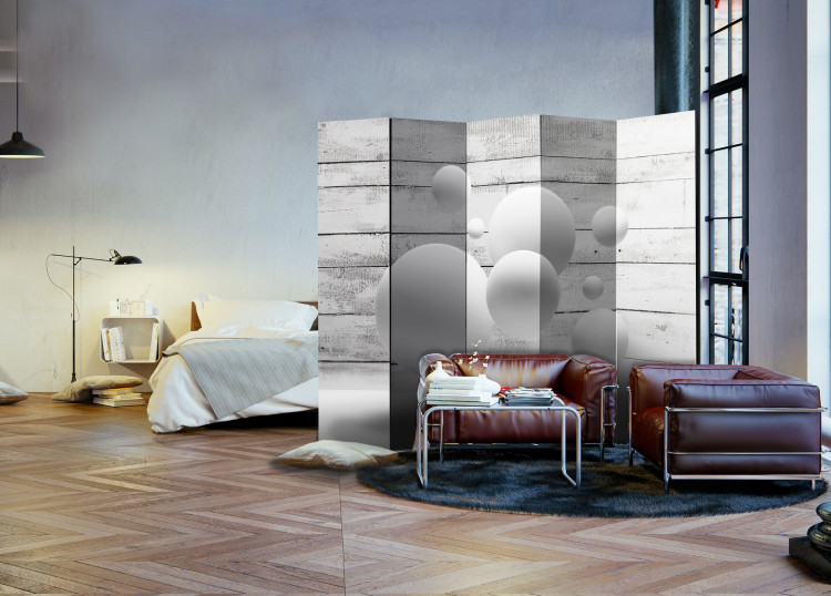 Room Divider Spheres II - illusion of geometric figures on a gray wooden background 95534 additionalImage 4