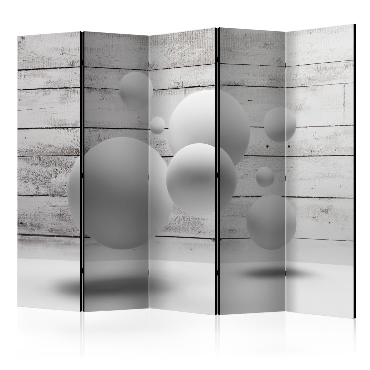 Room Divider Spheres II - illusion of geometric figures on a gray wooden background 95534
