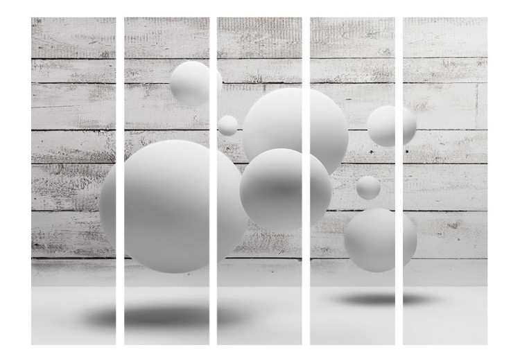 Room Divider Spheres II - illusion of geometric figures on a gray wooden background 95534 additionalImage 3