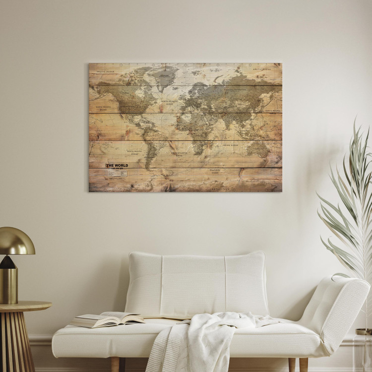 Canvas World Map: Planks (1-piece) - Continents on Wooden Texture 98534 additionalImage 3