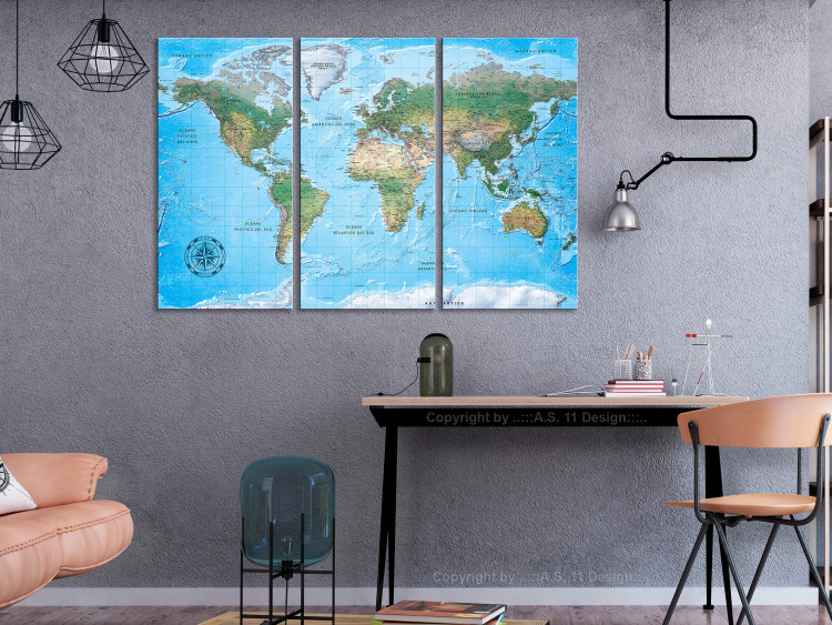 Canvas Art Print World Map in Blue (3-part) - Continent Labels in Italian 122344 additionalImage 3