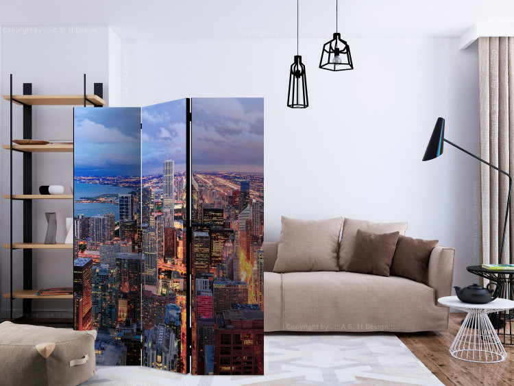 Room Divider Illuminated Chicago (3-piece) - evening panorama of a big city 124144 additionalImage 4