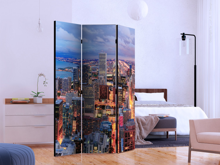 Room Divider Illuminated Chicago (3-piece) - evening panorama of a big city 124144 additionalImage 2